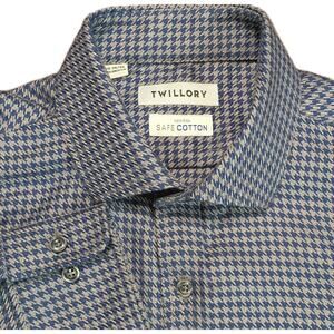 Twillory Shirt Mens 16 34/35 Blue Gray Houndstooth Non Iron Safe Cotton Tailored